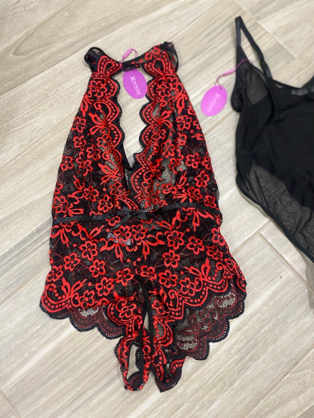 Dreamgirl Red & Black Floral Lace Halter Romper with Black Sheer Bodysuit - Picture 2 of 2